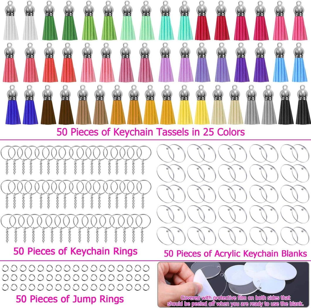 Acrylic Blank Keychains, 200 Pcs Clear Keychain Blanks for Vinyl with 50 Pcs Acrylic Blanks, 50 Pcs Keychain Tassels, 50 Pcs Key Rings with Chain and 50 Pcs Jump Rings
