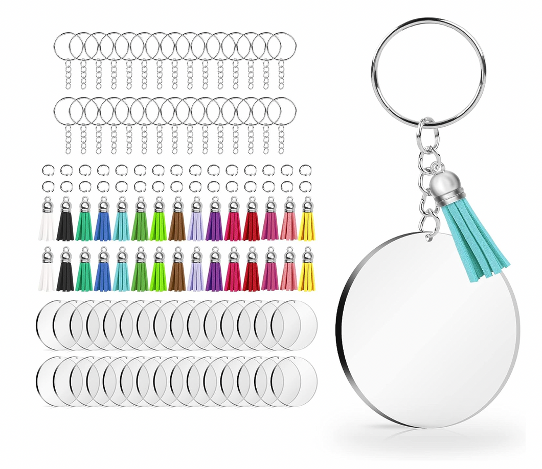 120 pcs Acrylic Keychain Blank with Key Rings: Tassels Key Chain for Craft,Bulk Keychain Rings,Key Chain Kit For Girls, Silver