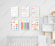 Set of 6 Educational Nursery Wall Art Alphabet Numbers Colours Printable - FG Design • Print • Laser