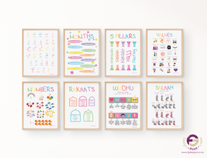 Set of 8 Educational Islamic Nursery Wall Art Alphabet Numbers Colours Printable