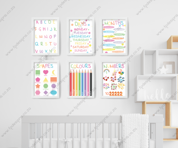 Set of 6 Educational Nursery Wall Art Alphabet Numbers Colours Printable